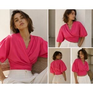 COS Pink Wrap Crop Blouse Balloon Sleeve Minimalist Top US 2 EUC